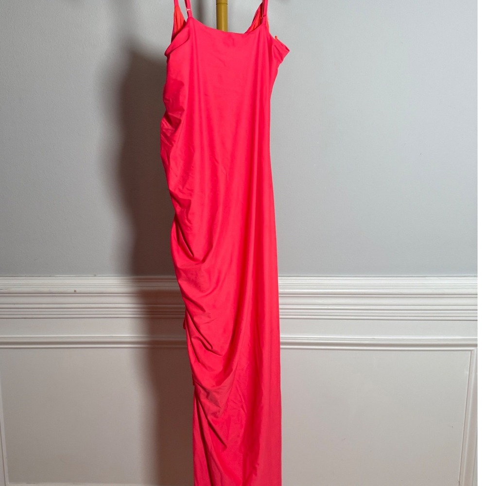 Good American Ruched Maxi Dress Womens Medium Fiery Coral Slit Bodycon - Picture 2 of 6